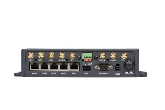 Fortinet FEV-212F-N FortiExtenderVehicle 212F router back with gold connectors and LAN WAN USB ports