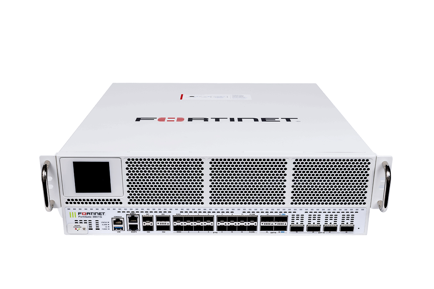 White Fortinet FortiGate-3801G security appliance front view