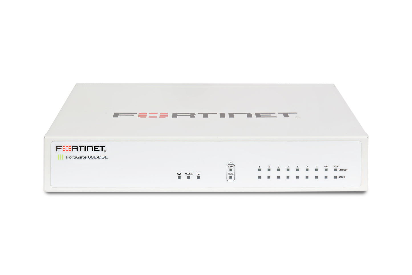 White Fortinet FortiGate 60E-DSL with 9 GE RJ45 ports and DSL modem