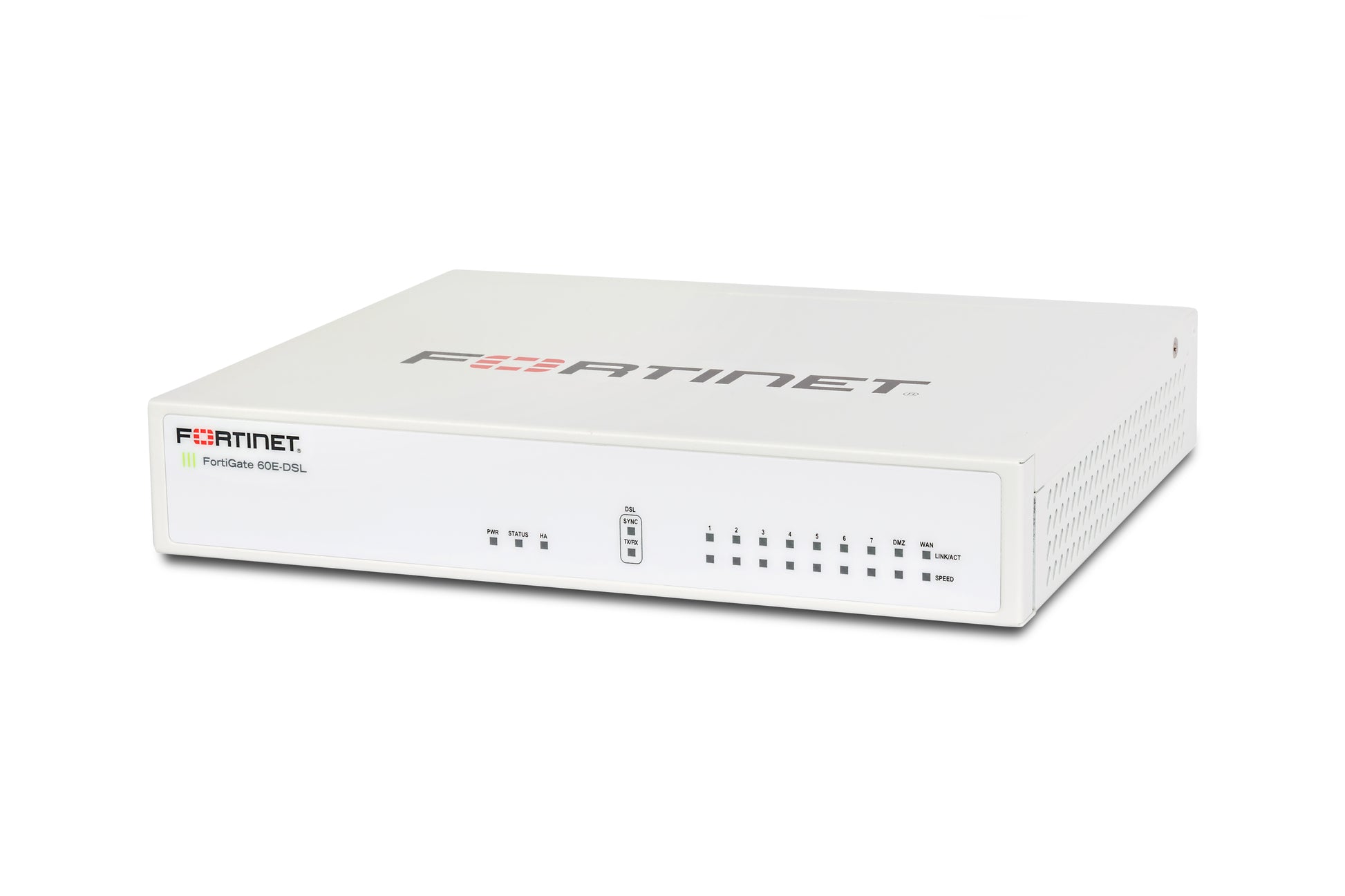White Fortinet FG-60E-DSL security appliance with 9 GE RJ45 ports