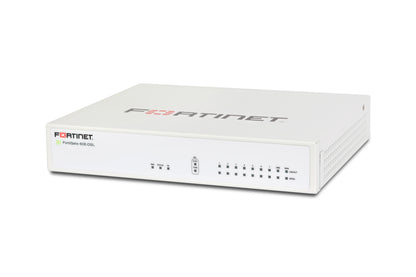 White Fortinet FG-60E-DSL security appliance with 9 GE RJ45 ports