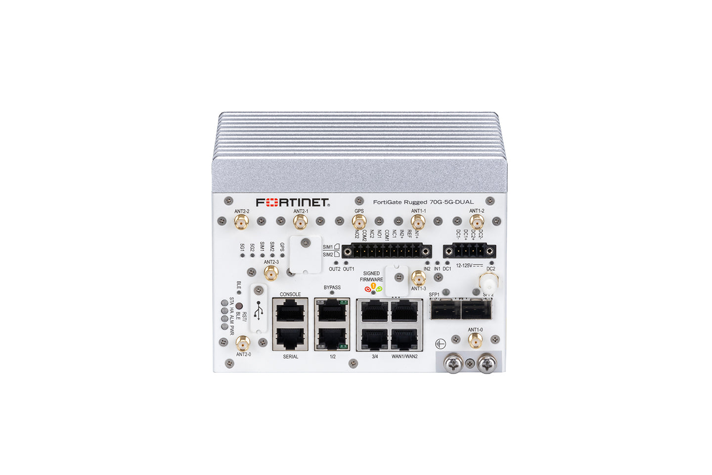 Fortinet fortigate rugged 70g-5d-dual silver metallic network security appliance with multiple ethernet ports and antennas