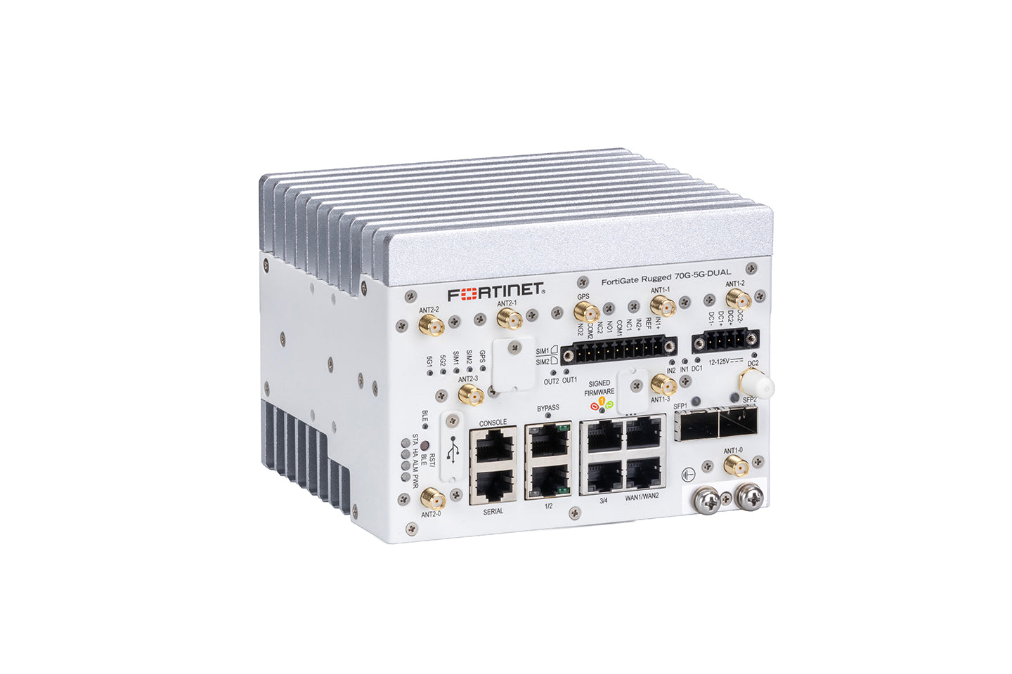 Fortinet fgr-70g-5g rugged 5g ngfw with white silver metallic chassis multiple ethernet ports antennas and connectivity interfaces back view