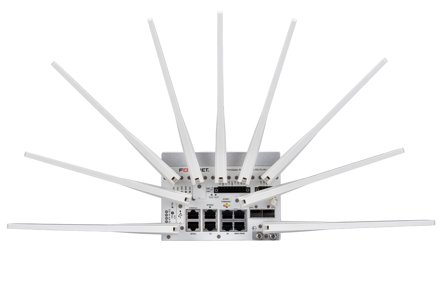 Fortinet FGR-70G-5G-DUAL rugged router with 8 antennas back view