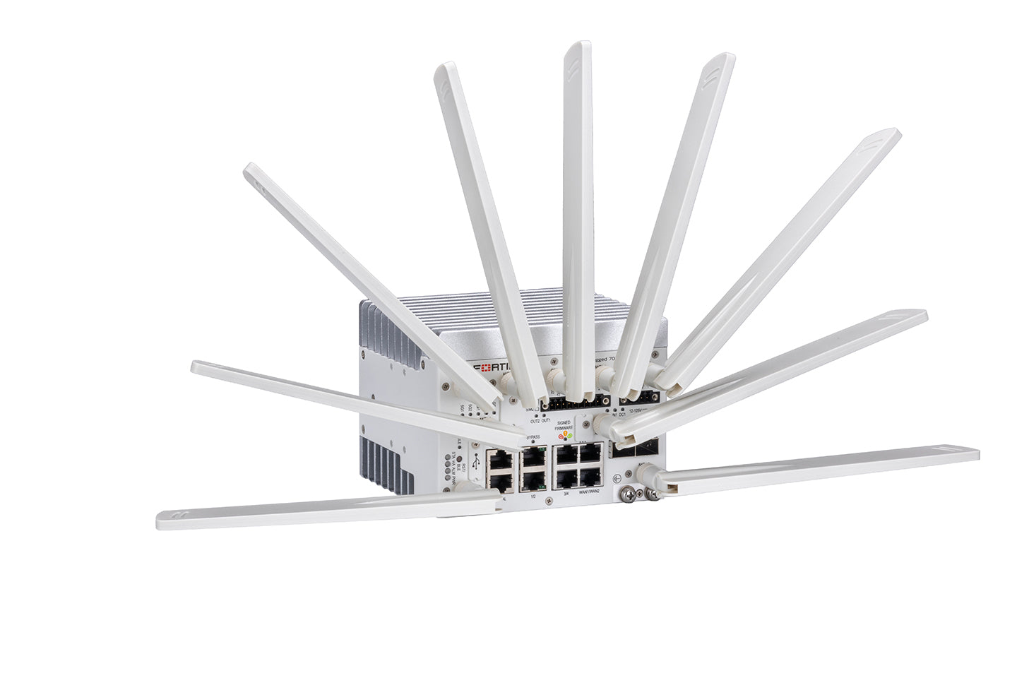 Fortinet FGR-70G-5G-DUAL rugged white 5G wireless router with antennas