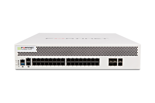 White Fortinet FortiGate-2000E front with perforated panel and Ethernet ports