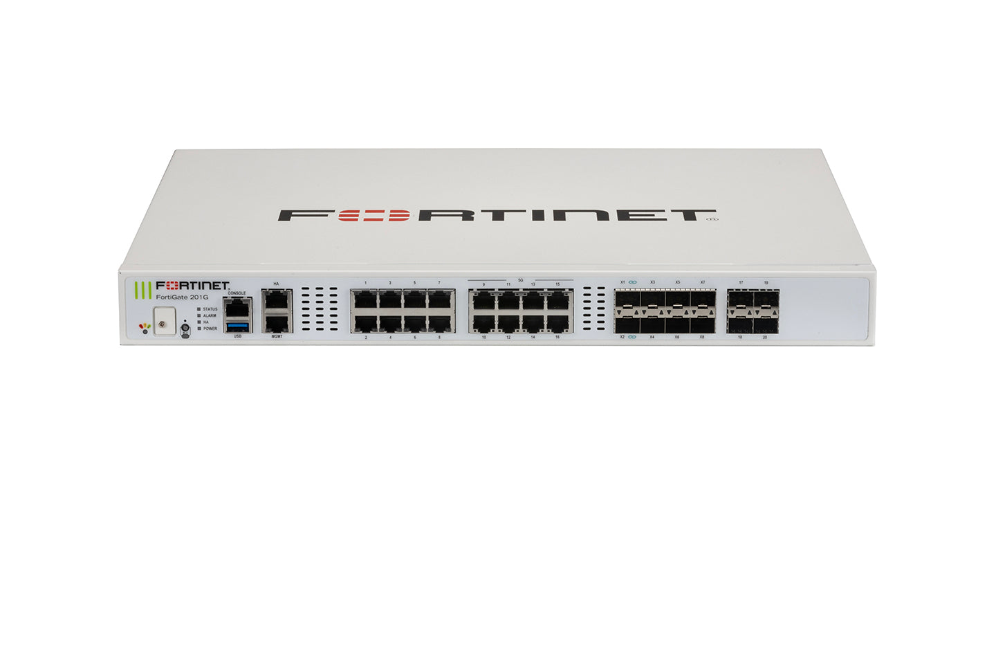 White Fortinet FortiGate 201G rear with 10GE SFP+, 5GE RJ45 ports, USB