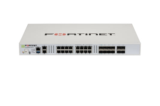 White Fortinet FortiGate 201G rear with 10GE SFP+, 5GE RJ45 ports, USB