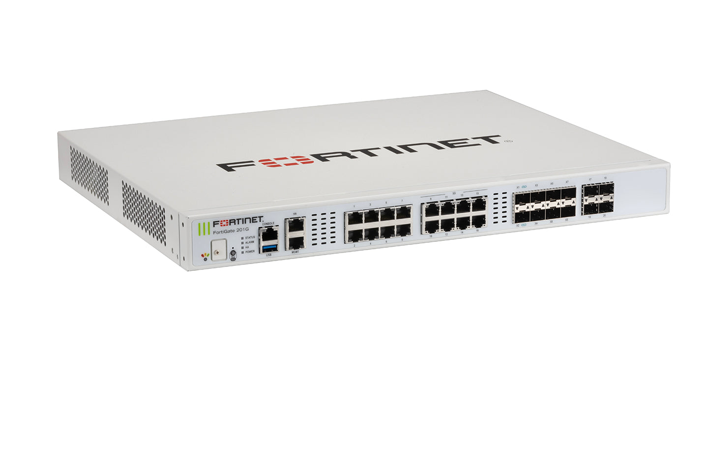 White Fortinet FG-201G FortiGate-201G back with Ethernet ports, USB, SFP+