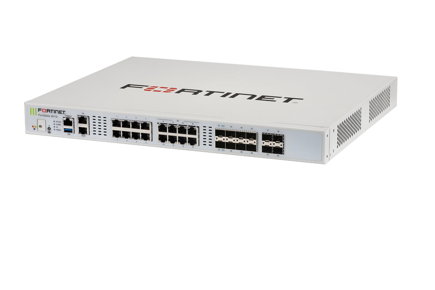 Fortinet FG-201G white security appliance with Ethernet ports and ventilation