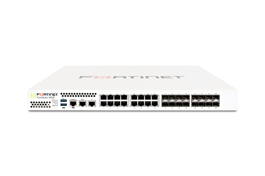 White Fortinet FortiGate 300E with 18 GE RJ45 ports and 16 SFP slots