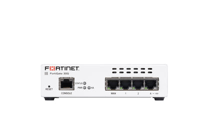 White Fortinet FortiGate 31G firewall with 4 GE RJ45 ports and LEDs