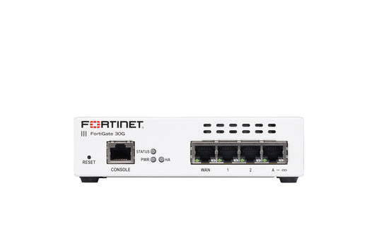 White Fortinet FortiGate 31G firewall with 4 GE RJ45 ports and LEDs