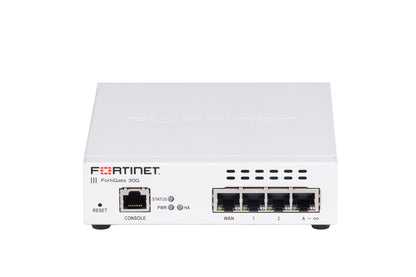 White Fortinet FortiGate-30G with 4 GE RJ45 ports and indicator lights