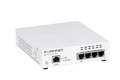 White Fortinet FortiGate-30G with 4 GE RJ45 ports and status LEDs