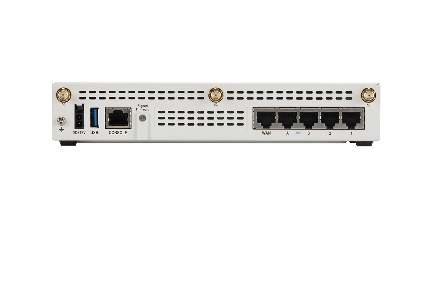 Back of Fortinet FG-51G-5G router with gold coax and black ethernet ports