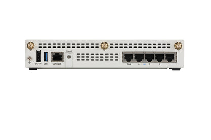 Back of Fortinet FG-51G-5G router with gold coax and black ethernet ports