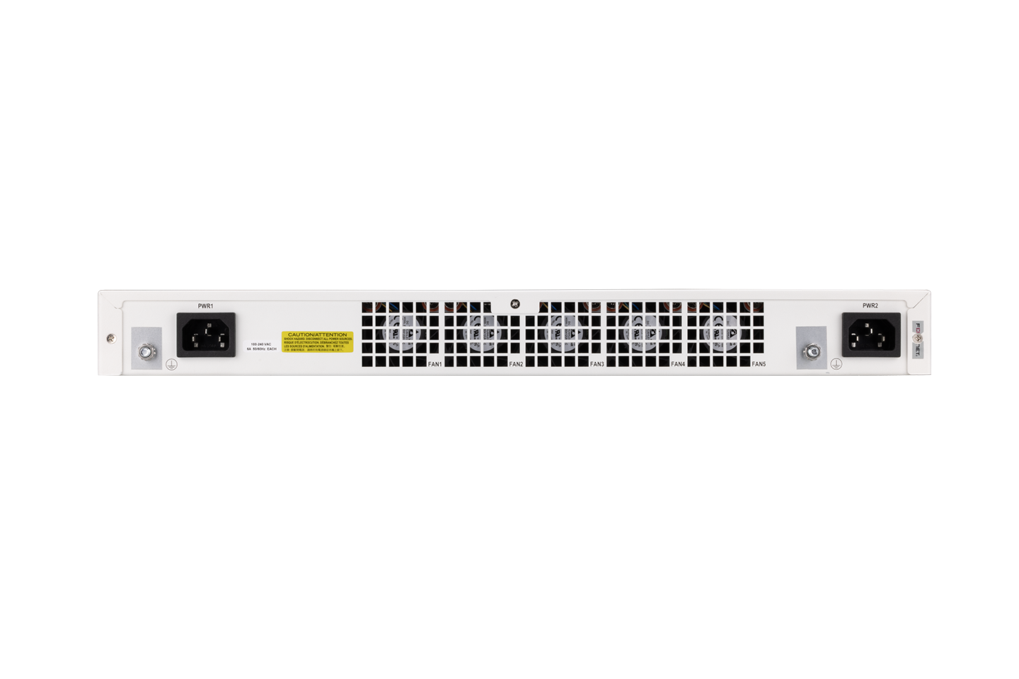 Back of Fortinet FortiGate-700G white switch with perforated grille, dual AC ports