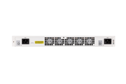 Back of Fortinet FortiGate-700G white switch with perforated grille, dual AC ports