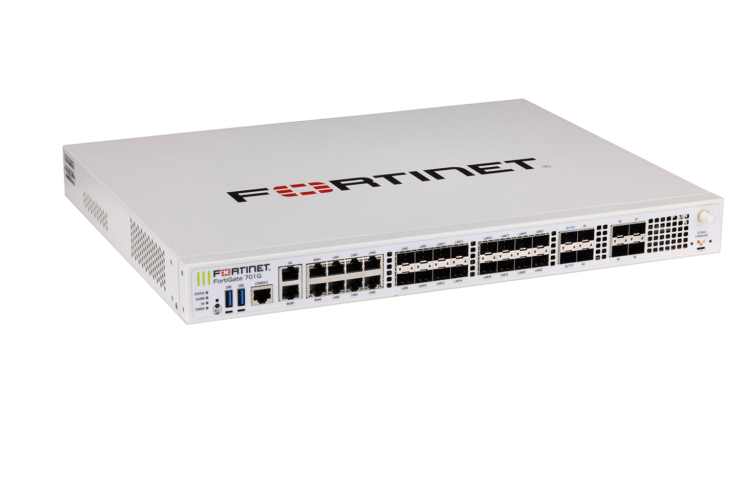 White Fortinet FortiGate-701G with 25G SFP28 ports, rear view