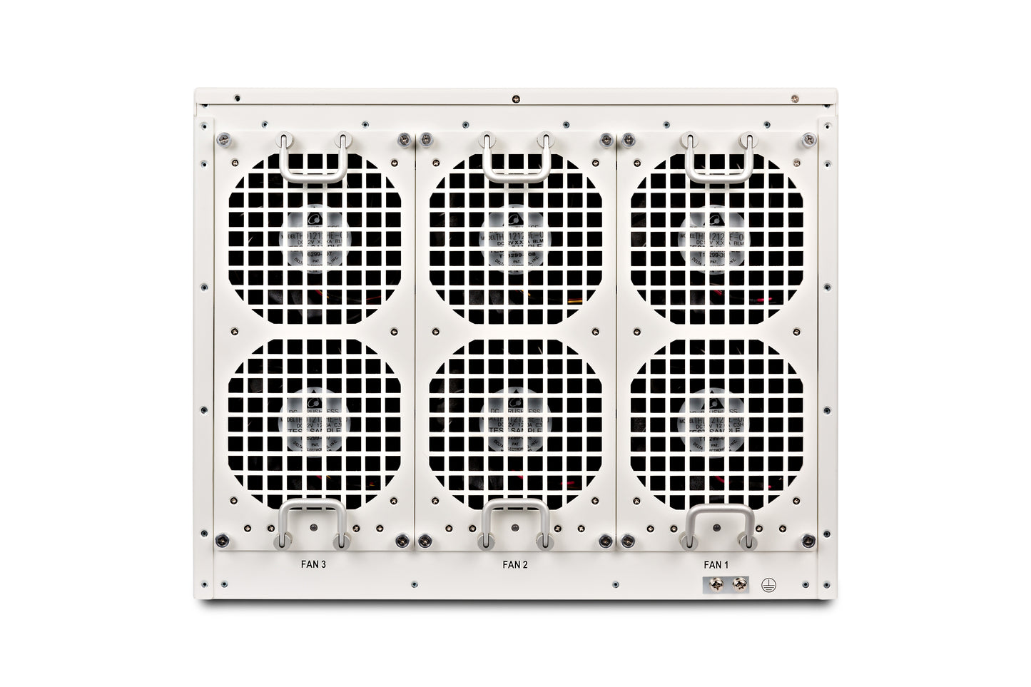 Fortinet FG-7060E-FAN white server rack with 6 black mesh fans labeled 1-3
