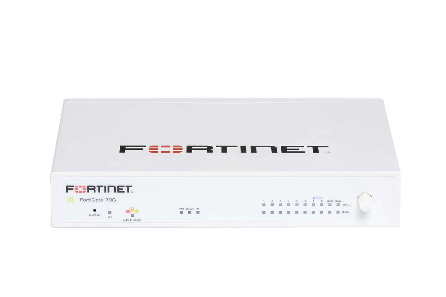 Fortinet FortiGate 70G-PoE firewall white appliance front view