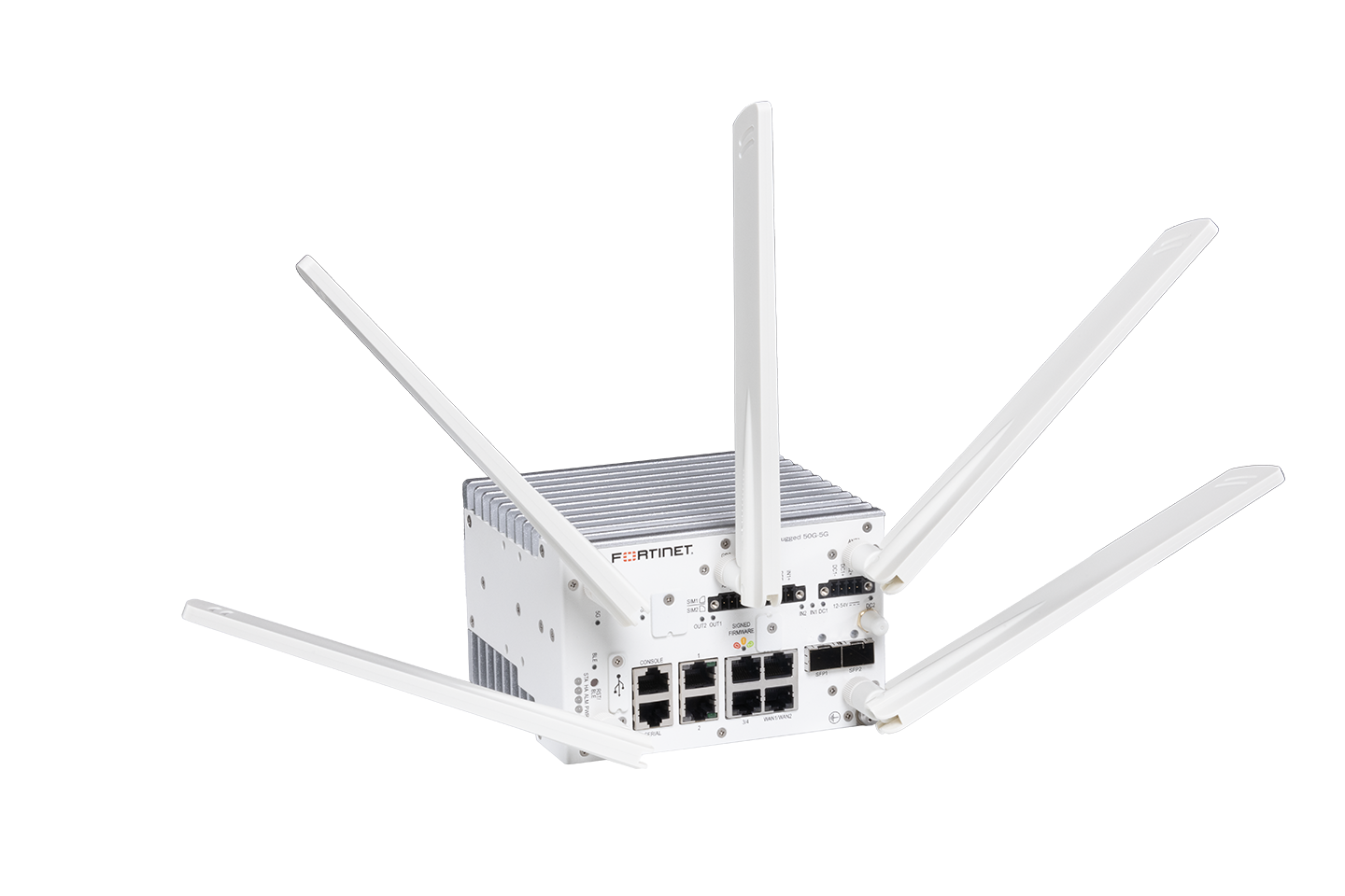 Fortinet FGR-50G-5G rugged router with 6 antennas and metallic chassis