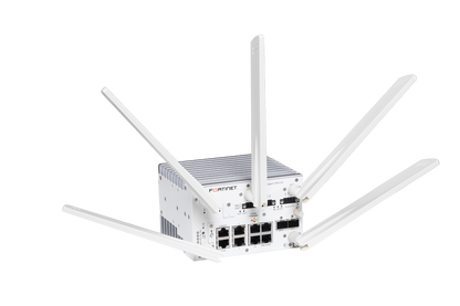 Fortinet FGR-50G-5G rugged router with 6 antennas and metallic chassis
