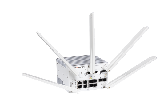 Fortinet FGR-50G-5G rugged router with 6 antennas and metallic chassis