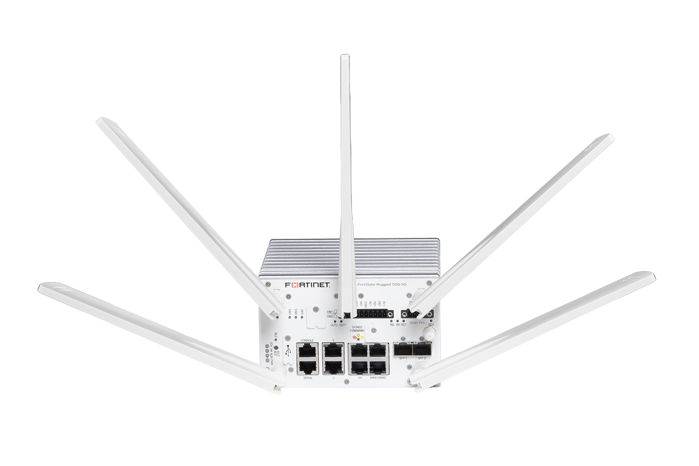 Fortinet FGR-50G-5G white Wi-Fi 6 router with 4 antennas