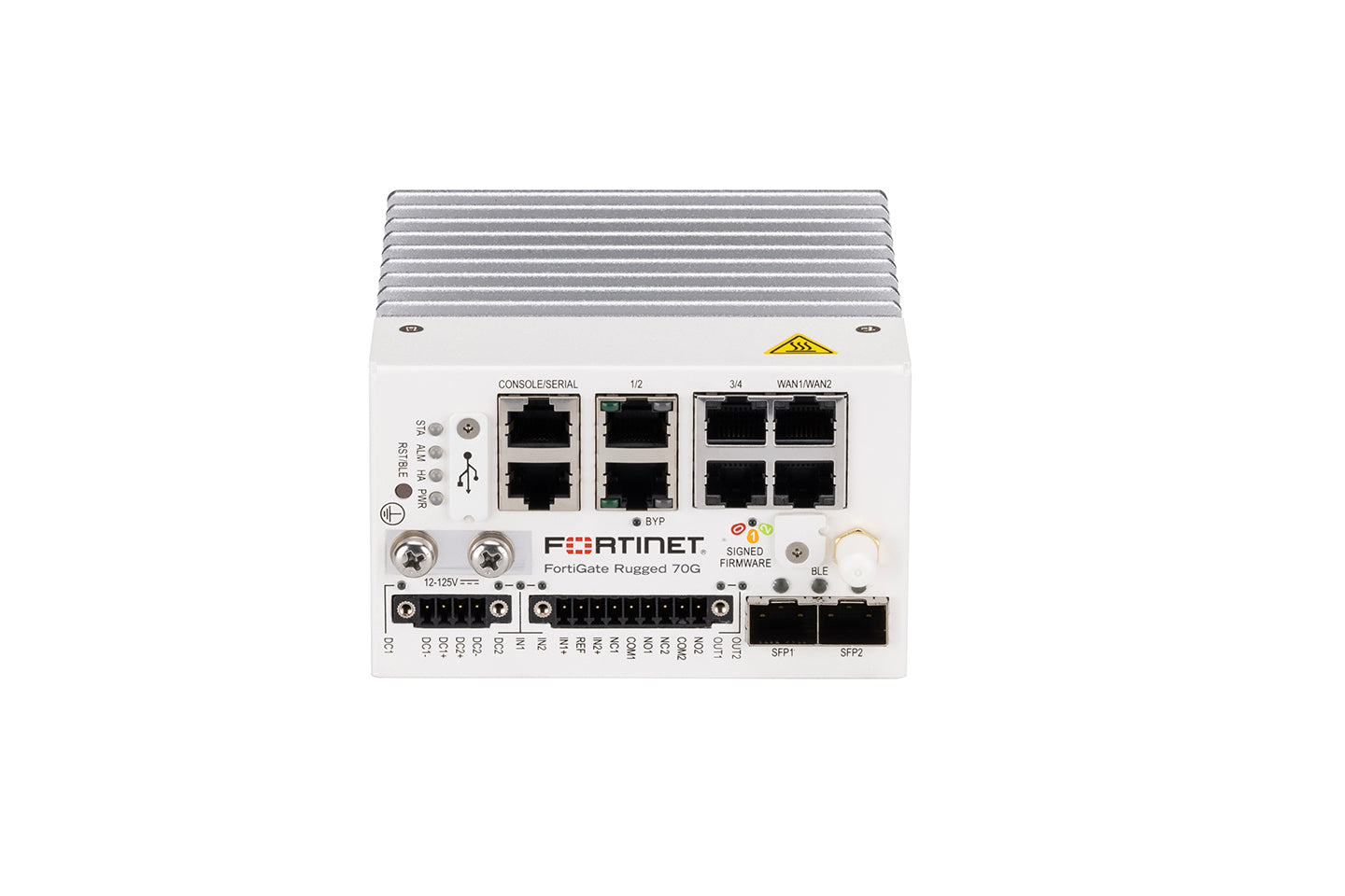 White Fortinet FortiGate Rugged 70G with silver heat sink and Ethernet ports