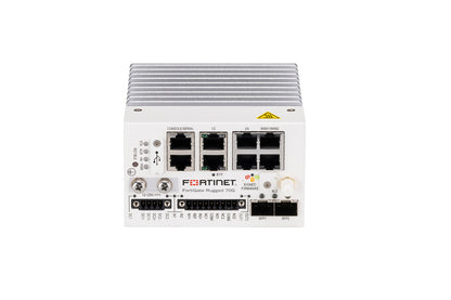 White Fortinet FortiGate Rugged 70G with silver heat sink and Ethernet ports