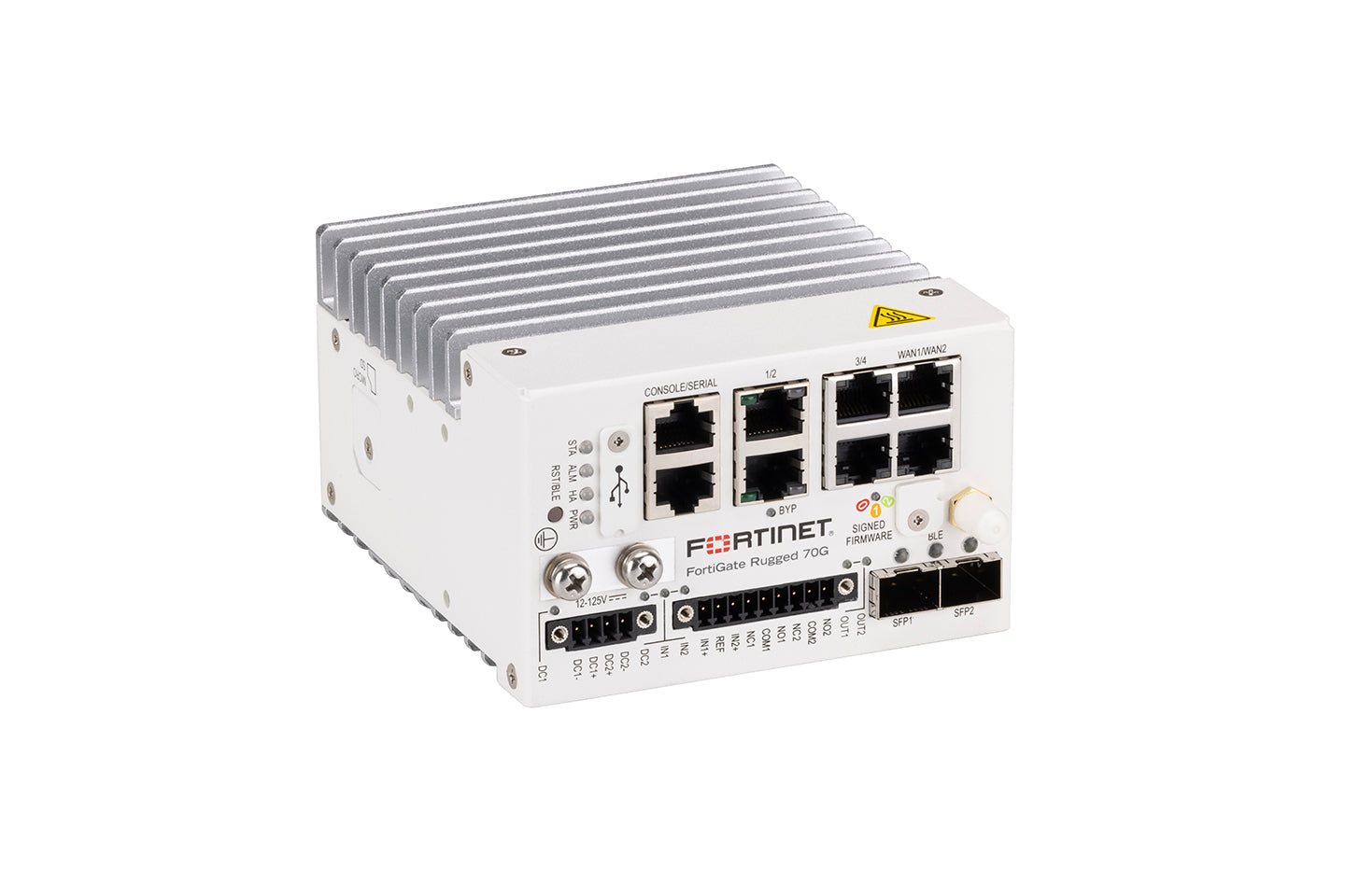 White Fortinet FortiGate Rugged 70G with silver heat sink and Ethernet ports
