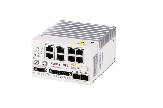 Fortinet FGR-70G rugged 70G switch with silver heat sink and Ethernet ports
