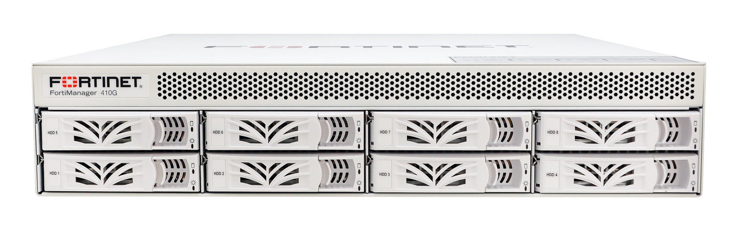 White Fortinet FortiManager 410G appliance with perforated front panel and drive bays