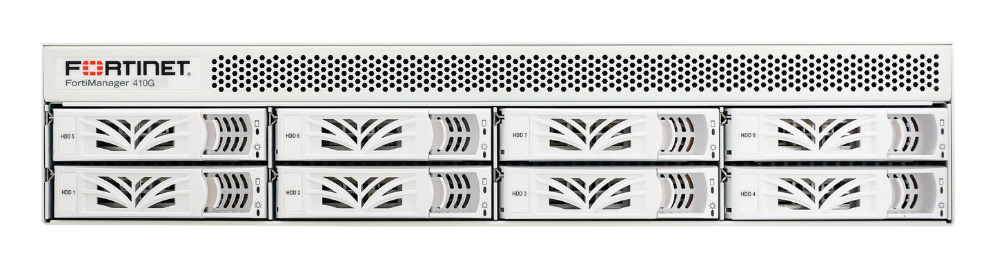 White Fortinet FortiManager 410G appliance with perforated top and 8 slots