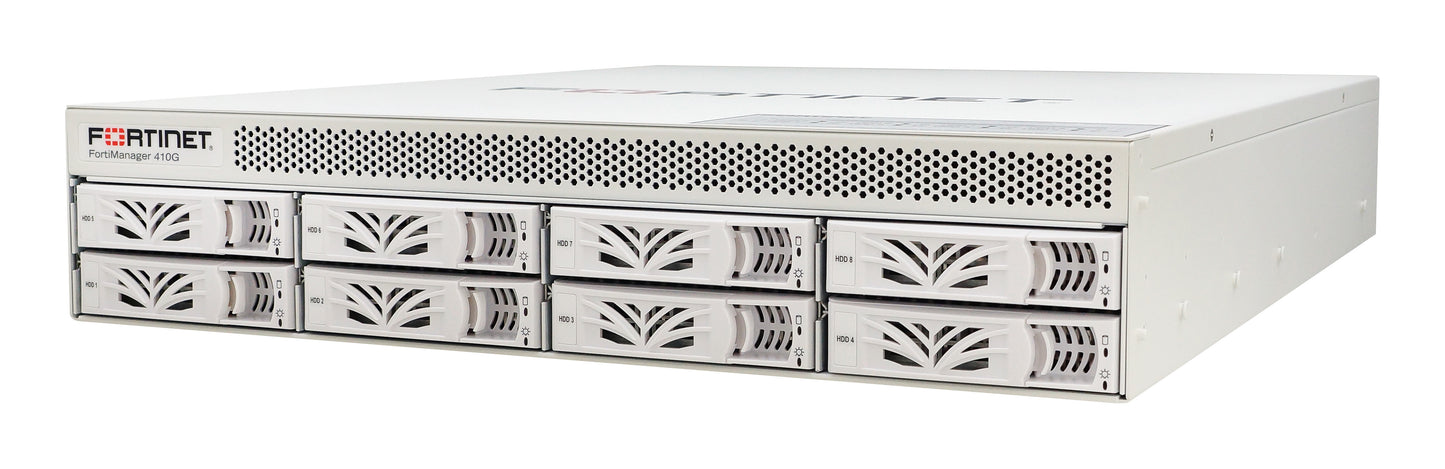 White Fortinet FortiManager-410G with perforated panel, 8 drive bays