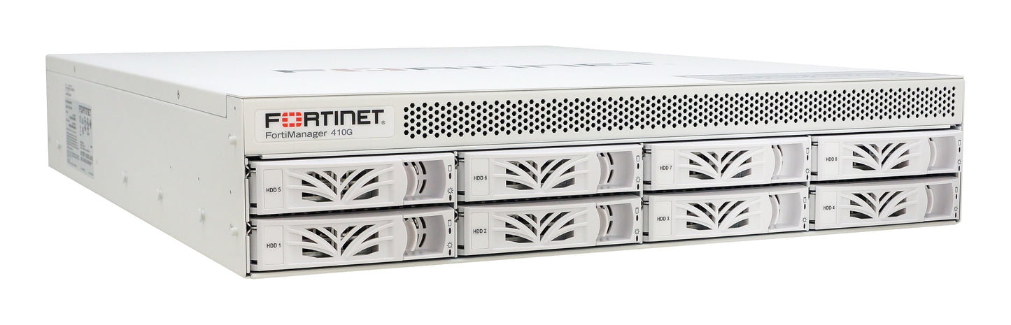 White Fortinet FortiManager 410G with perforated panel and 8 drive bays