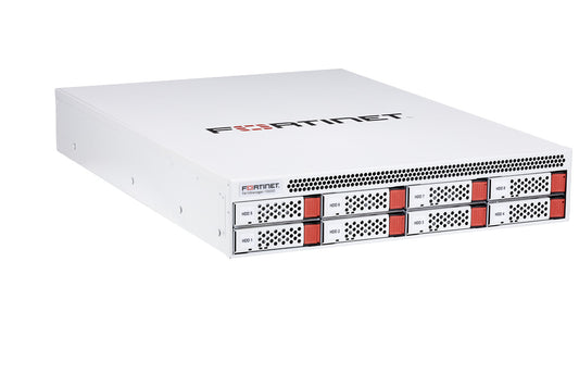 Fortinet FMG-1000G front view with white chassis and red black drive bays