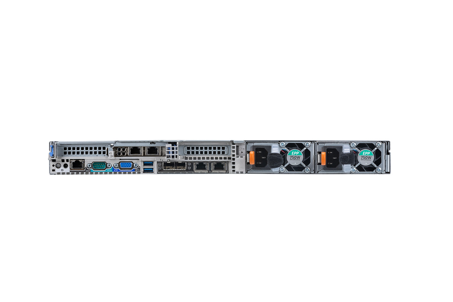 Fortinet FNRC-900F 1U server rack with silver chassis, copper ports, fiber SFP+ and cooling fans