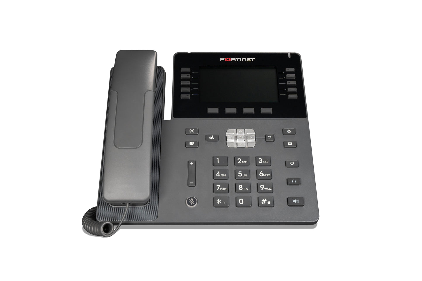 Black Fortinet FON-480 IP phone with 4.3-inch touchscreen and keypad