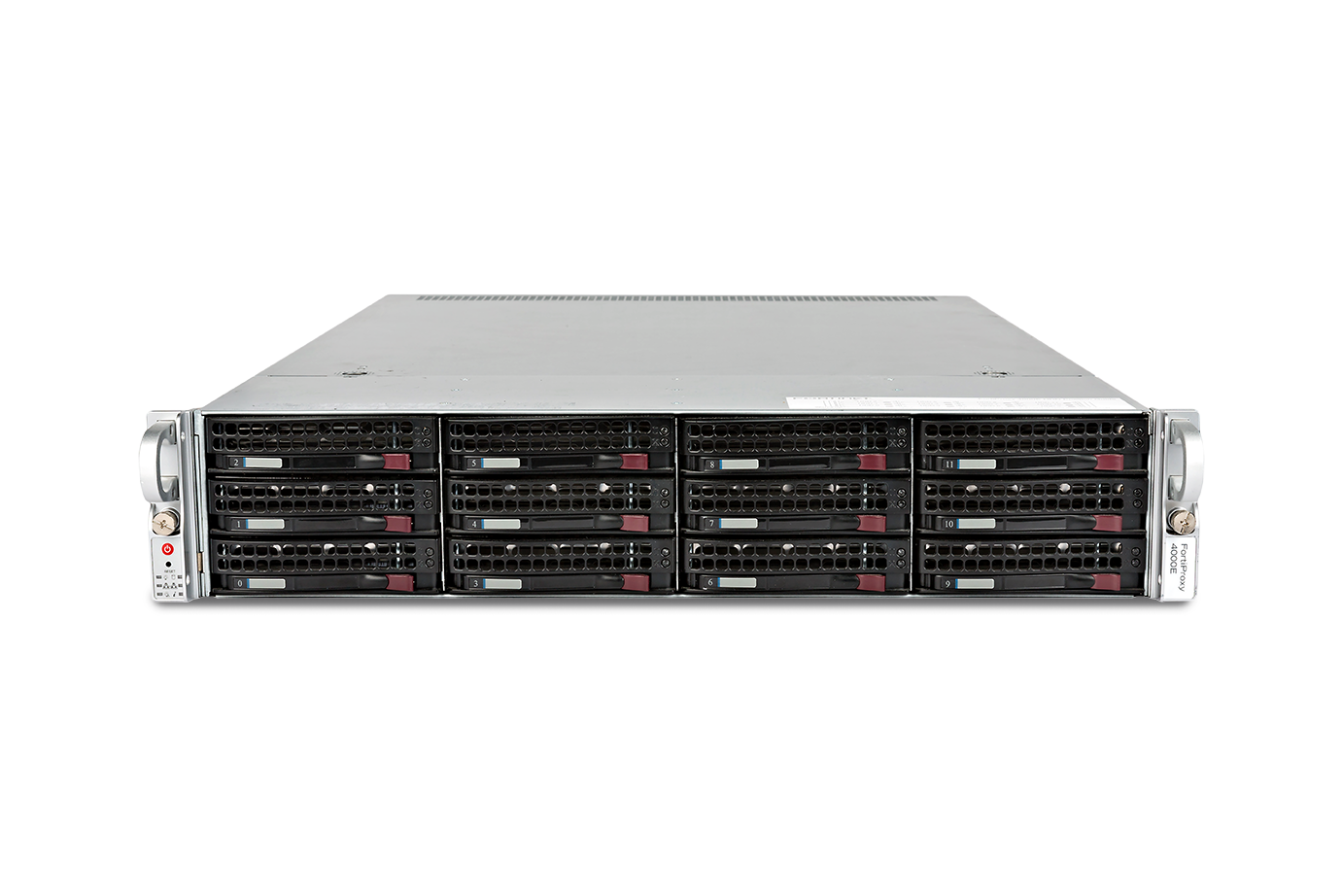 Fortinet FortiProxy-4000E silver server rack with red-lit drive bays
