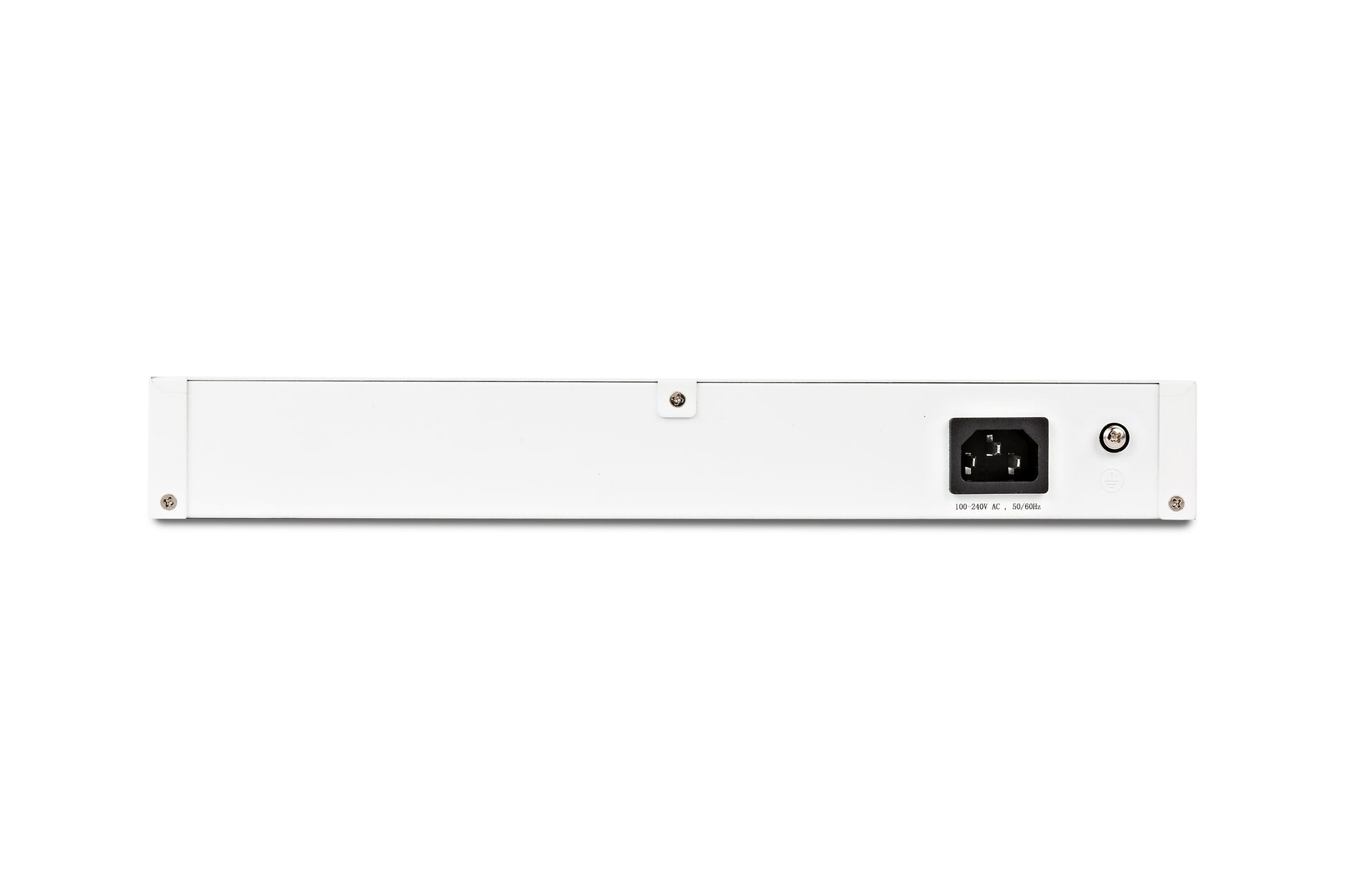 Rear view of Fortinet FortiSwitch 108E-POE with black power port and reset button