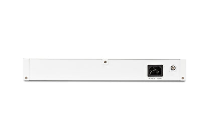 Rear view of Fortinet FortiSwitch 108E-POE with black power port and reset button