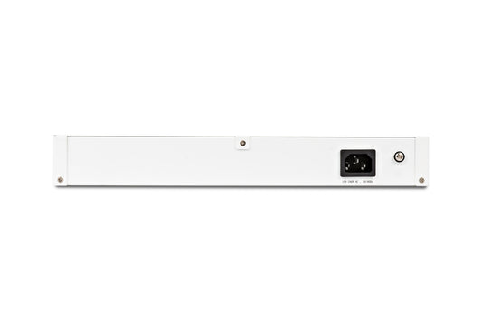 Rear view of Fortinet FortiSwitch 108E-POE with black power port and reset button