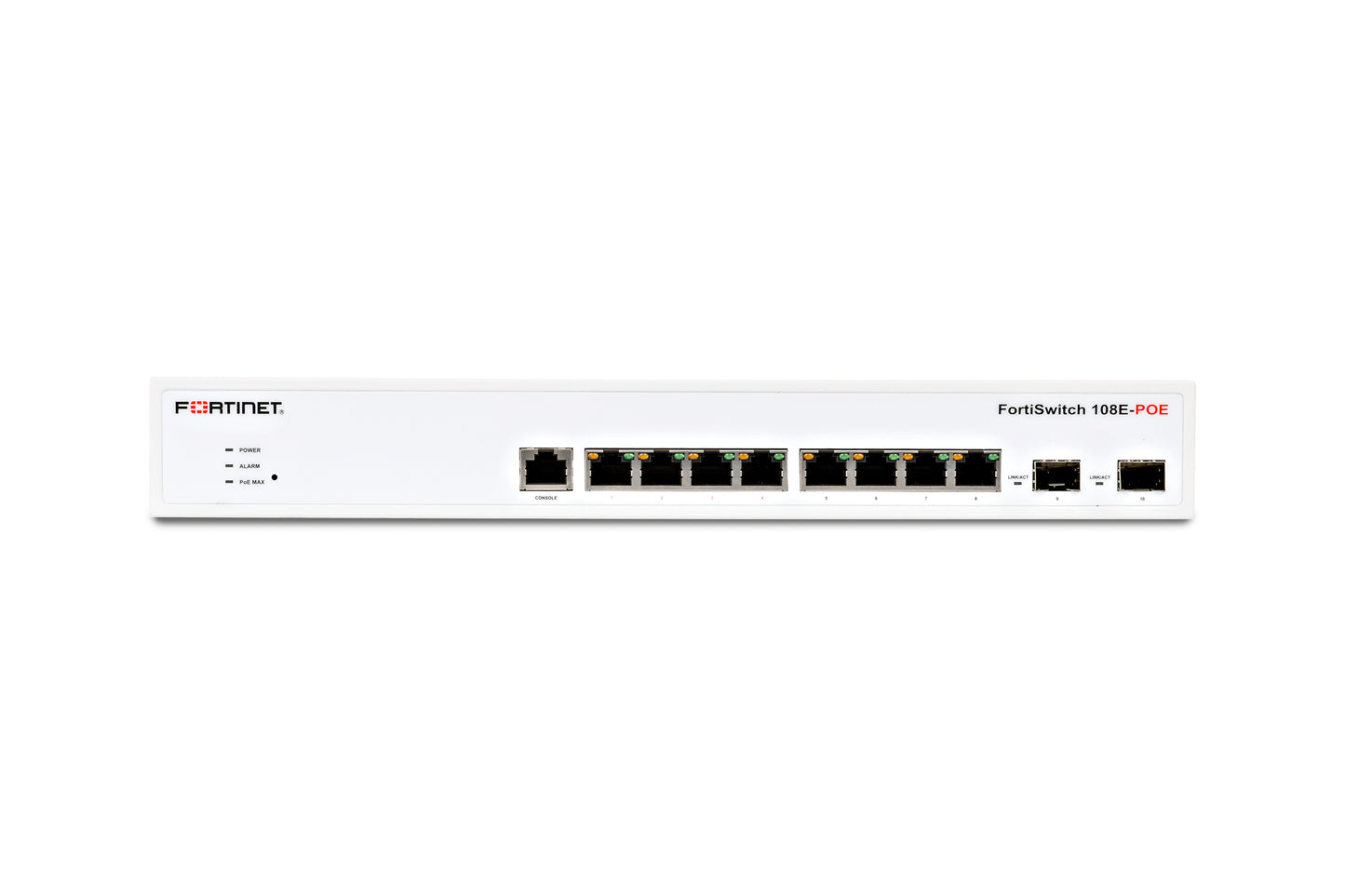 Fortinet FortiSwitch 108E-POE with 8 GE RJ45 PoE+ ports and 2 GE SFP