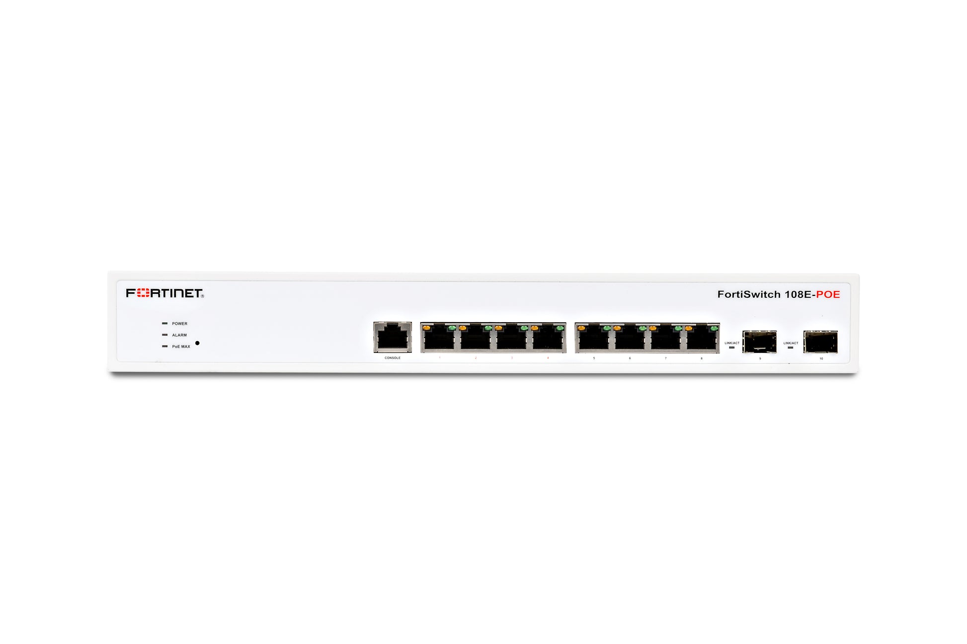Fortinet FortiSwitch 108E-POE with 8 GE RJ45 PoE+ ports and 2 GE SFP