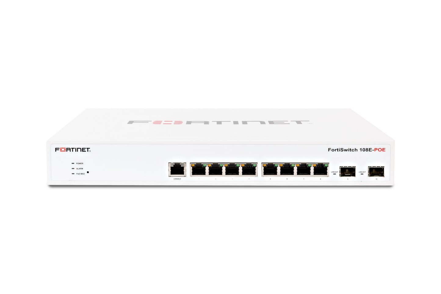 White Fortinet FortiSwitch 108E-POE switch with 8 GE RJ45 PoE+ ports