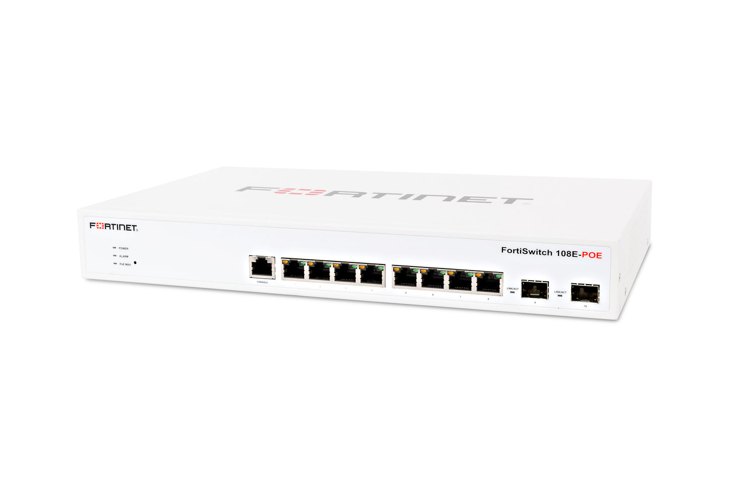 Fortinet FortiSwitch 108E-POE white switch with black ports, red branding