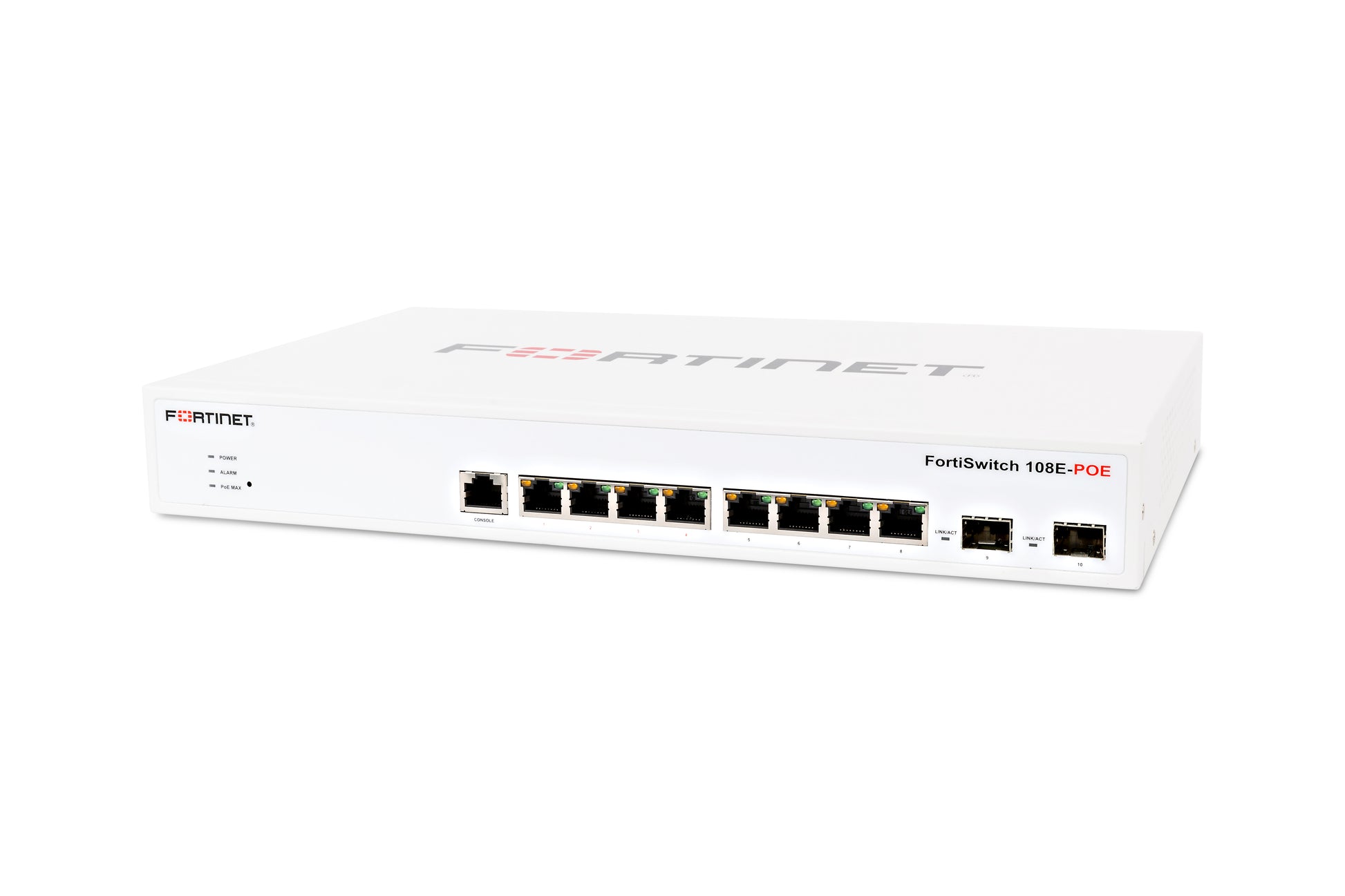 Fortinet FortiSwitch 108E-POE white switch with black ports, red branding